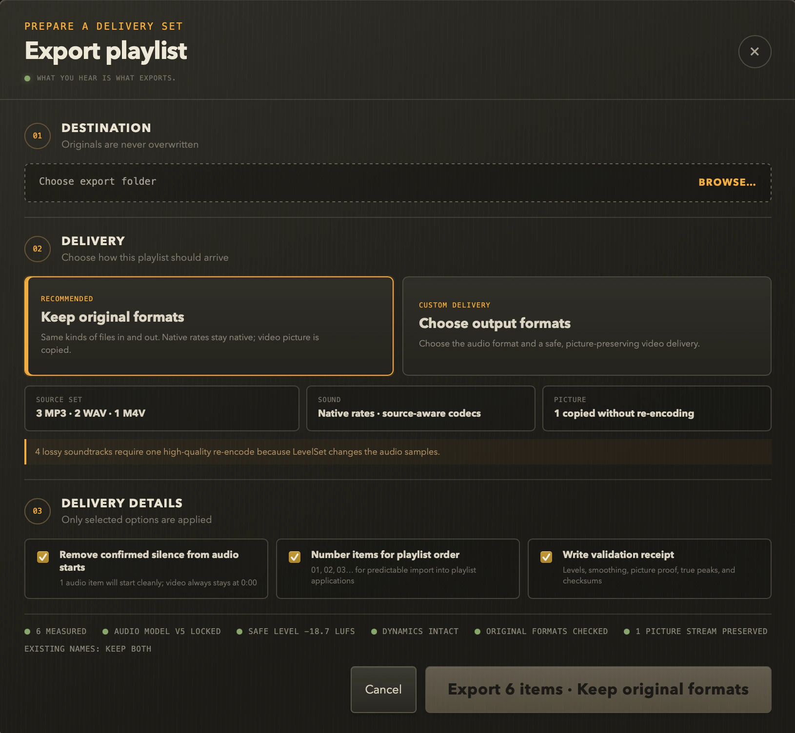 LevelSet export sheet with destination, delivery format, and source-safe export options.