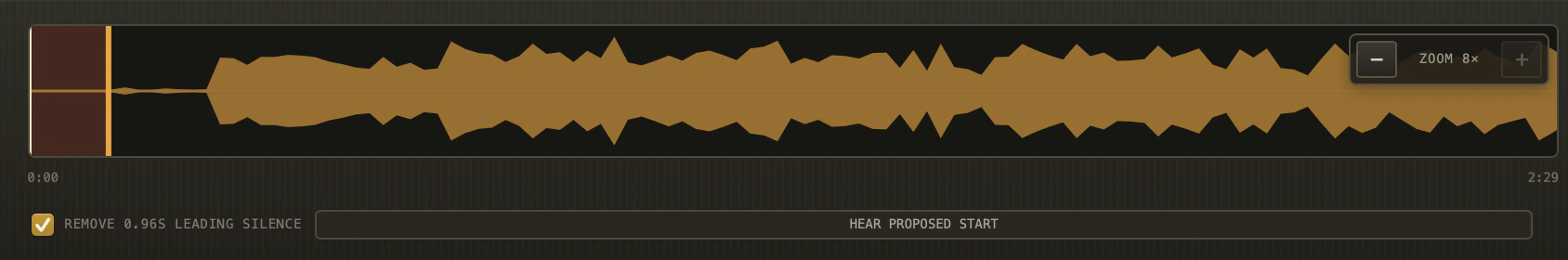 LevelSet waveform with a reviewable proposal to remove confirmed leading silence.