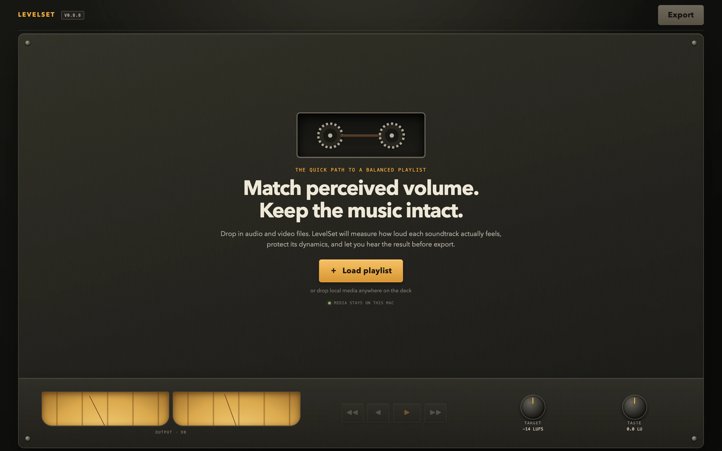 LevelSet start screen inviting the user to load or drop a mixed-media playlist.