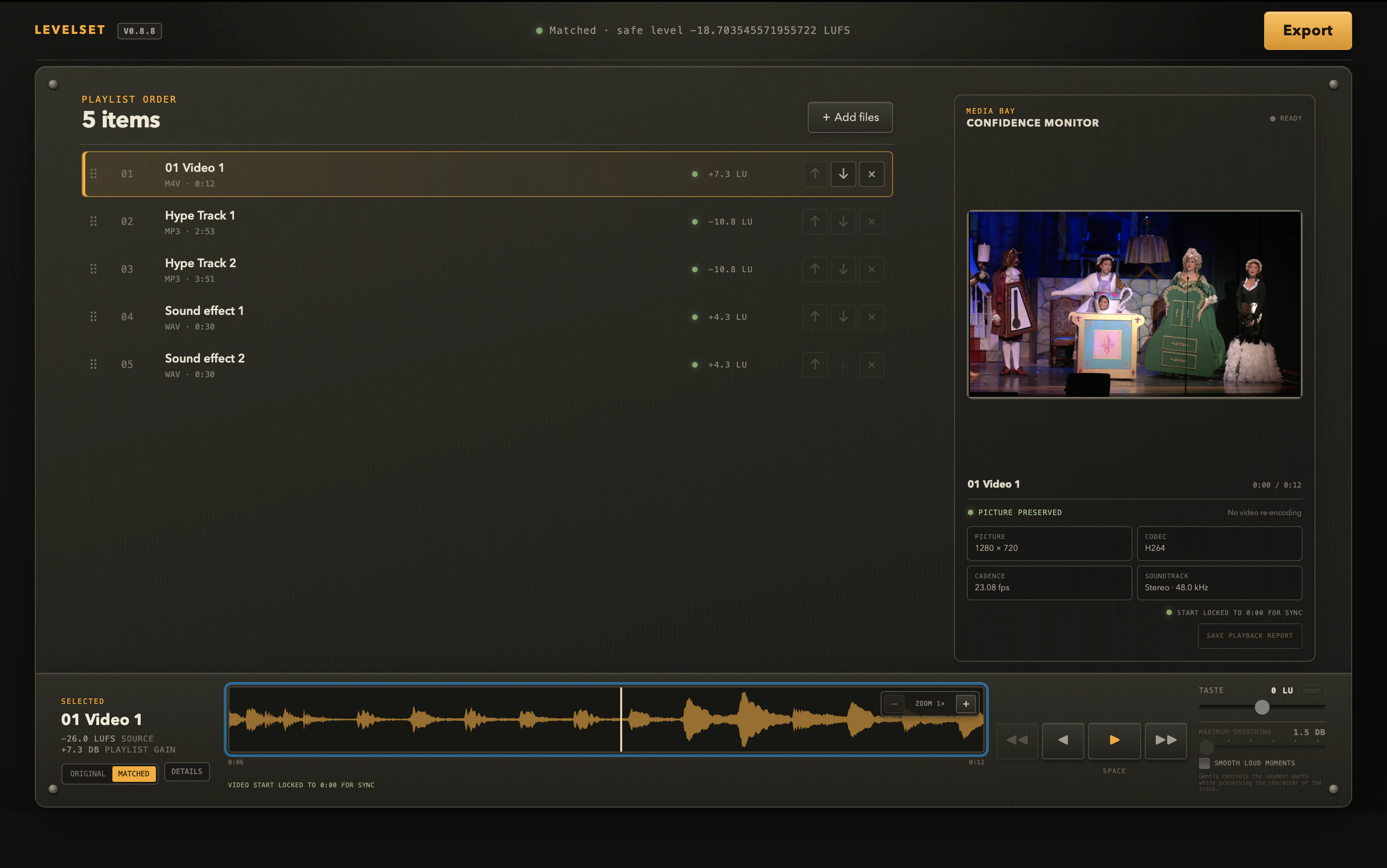 LevelSet matched playlist containing audio and video with proposed per-item gain.