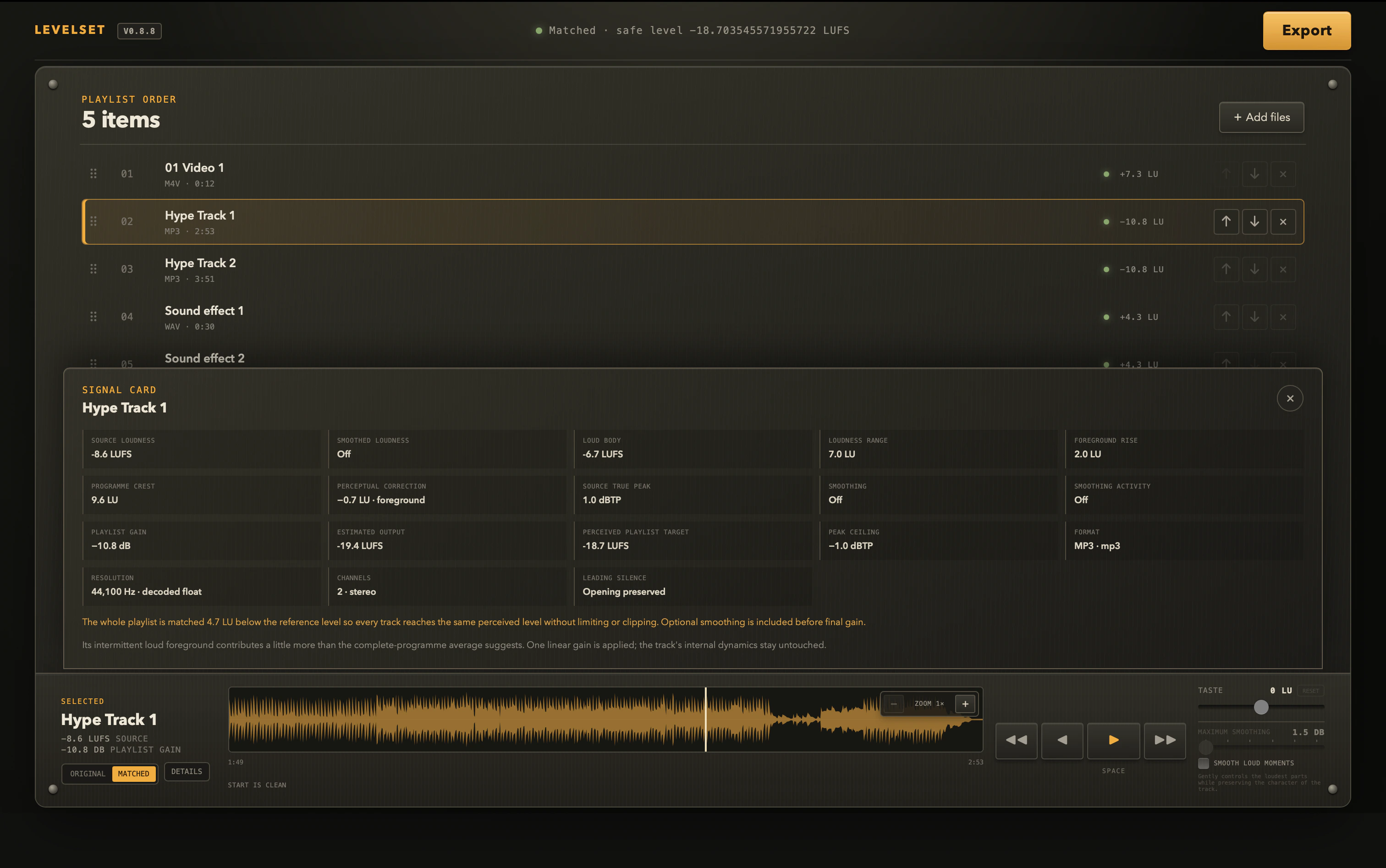 LevelSet signal card showing soundtrack measurements and the playlist-leveling plan.