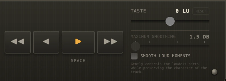 LevelSet Taste and Smooth Loud Moments controls beside playback transport buttons.