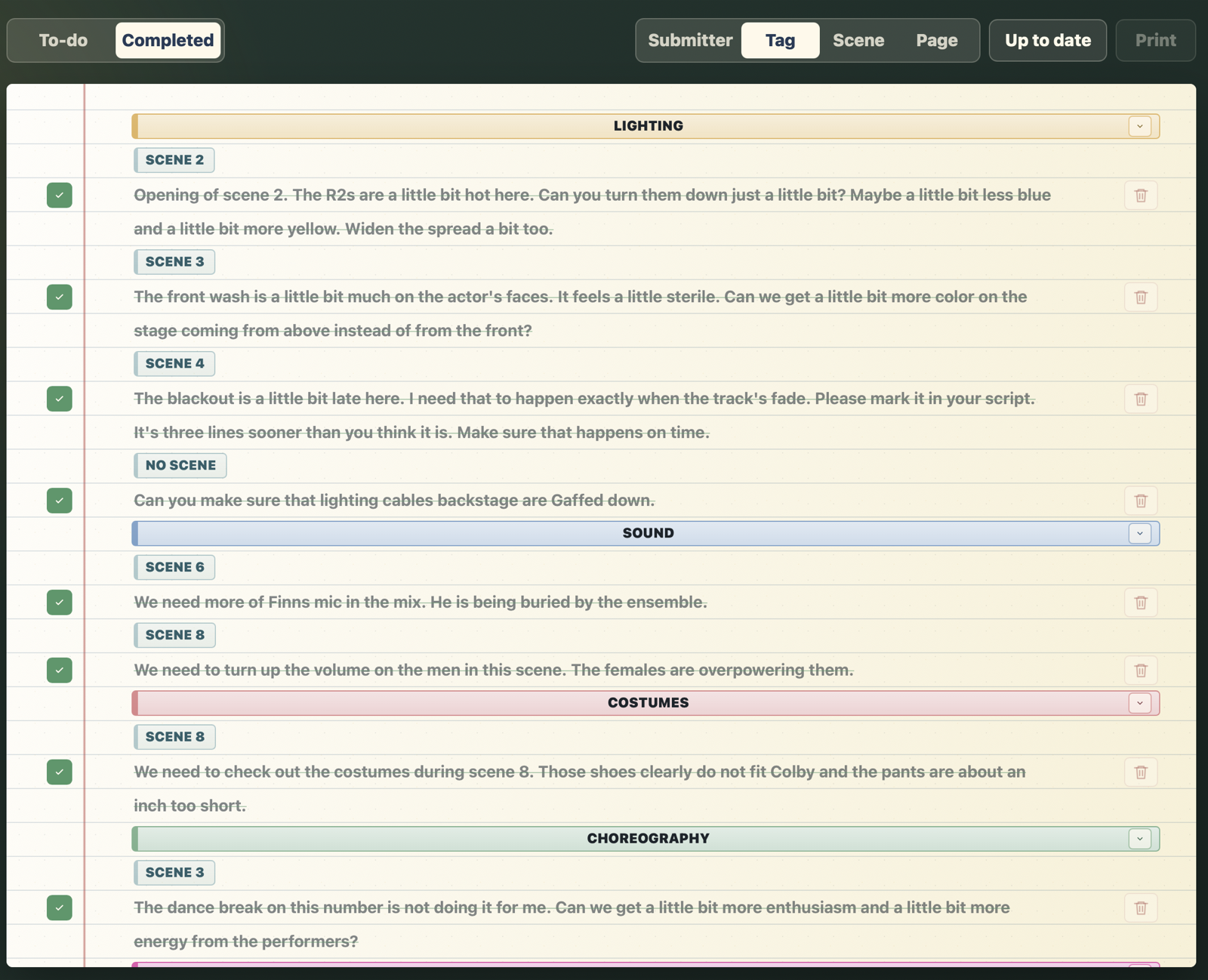 ShowNotePad desktop notebook with completed production notes checked off.