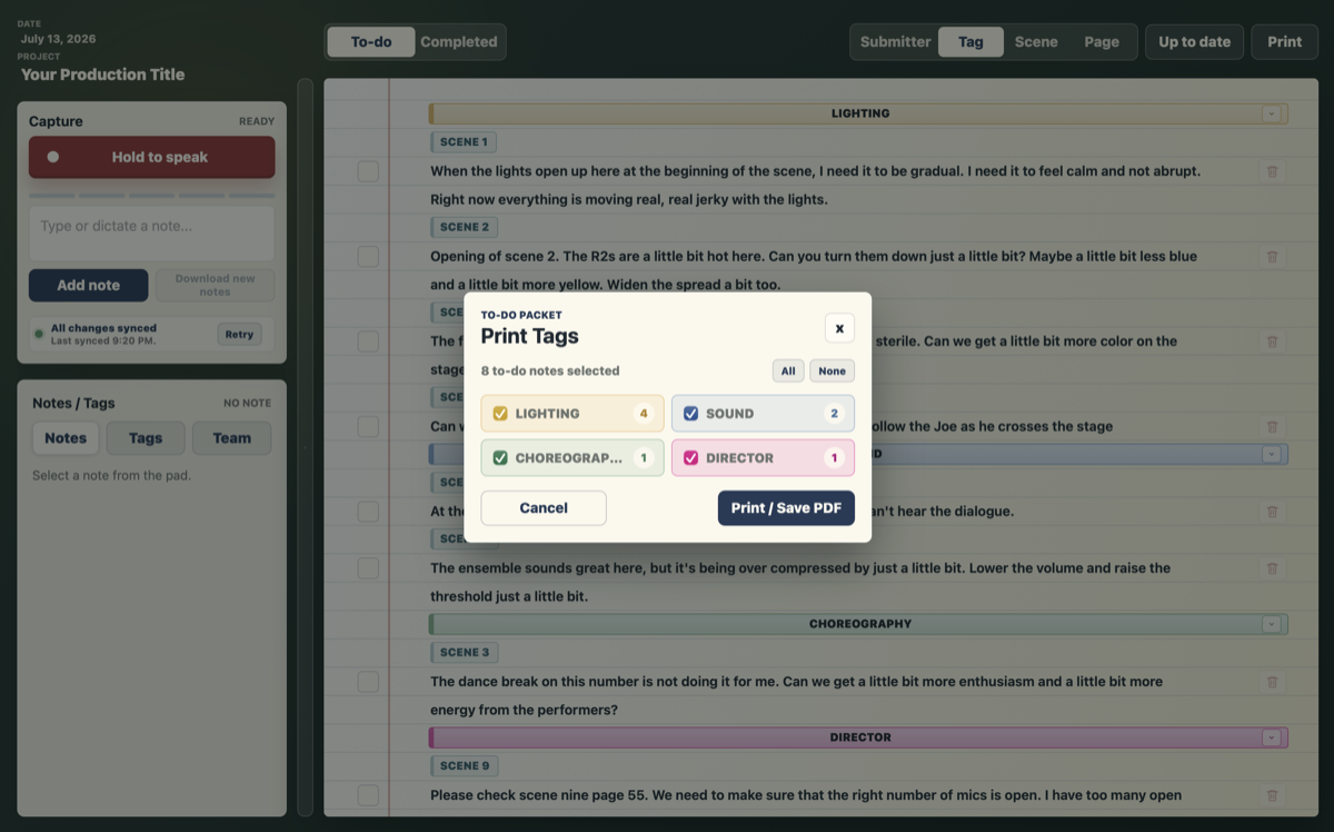ShowNotePad print dialog for selecting tagged to-do notes before saving a PDF.